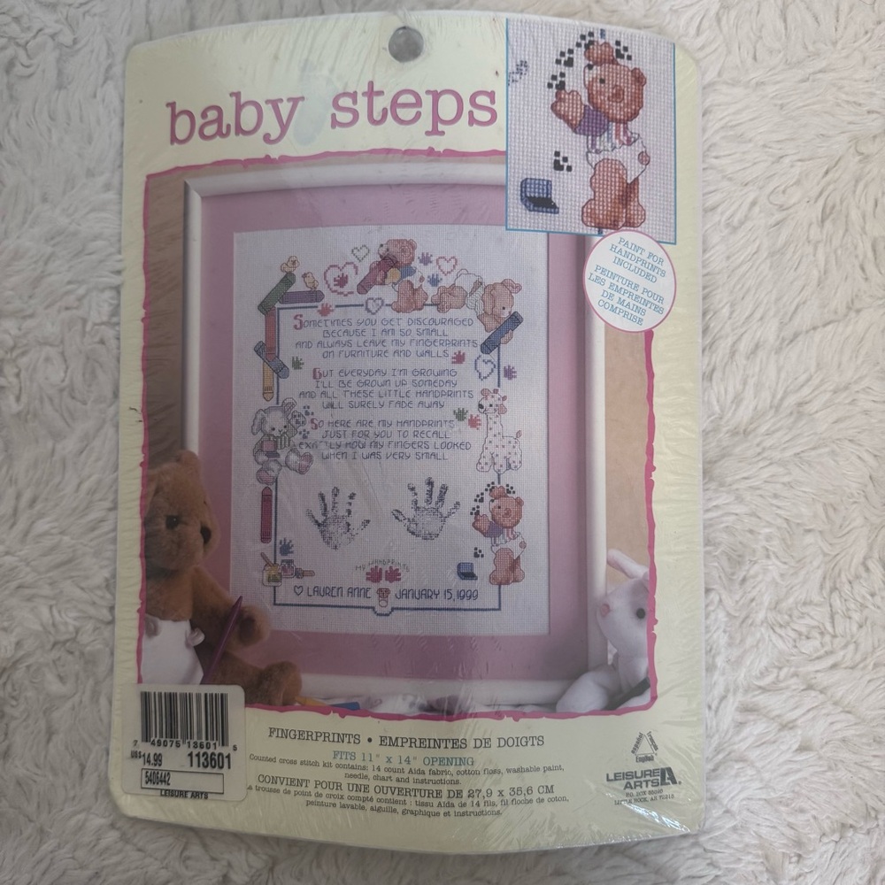 New Baby Steps Cross Stitch Kit with Pink Frame vintage finger or handprint